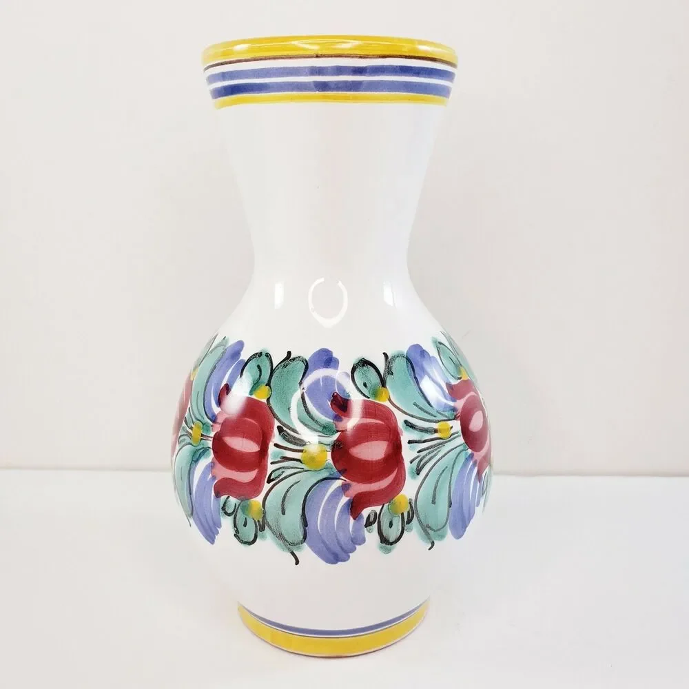 Italian Pottery Floral Vase Pink Flowers Yellow Blue Stripes Tuscan Old World